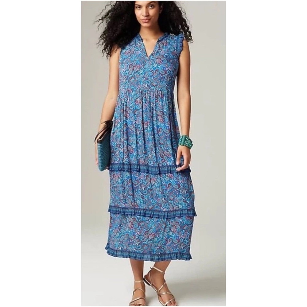 J. Jill Coastal Ruffles Sleeveless Midi Dress Blue Paisley Floral Womens Large